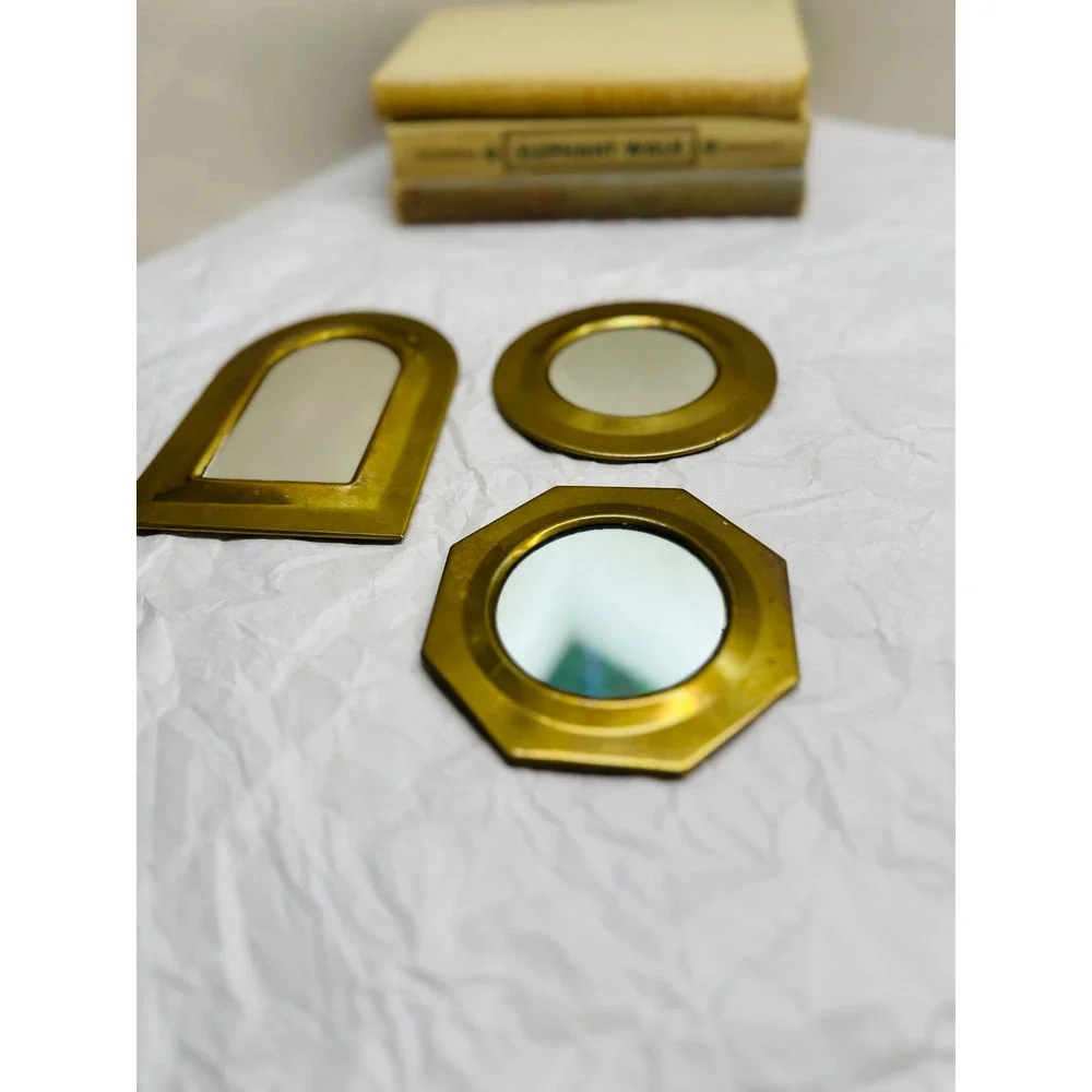Vintage Brass Miniature Wall Mirror Set 3 Piece Arched Round Octagon Gold Tone